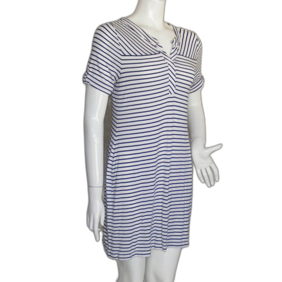 CHICO'S Mini Dress, 0/S, White, Navy Stripes, Short sleeve, Split neck, Jersey - Picture 3 of 12